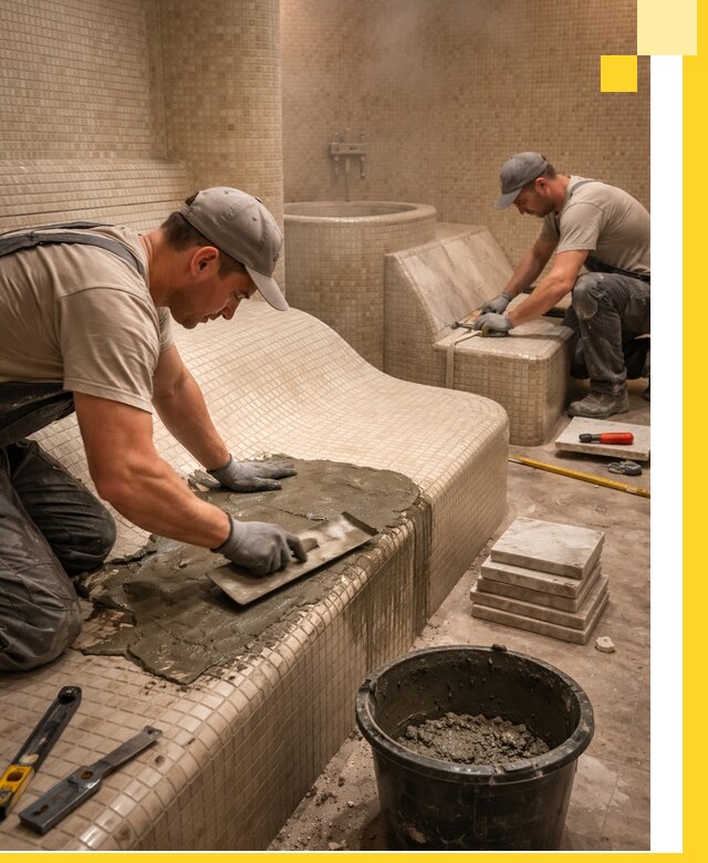 Лежаки для хамама под ключ в Урае, проект и монтаж